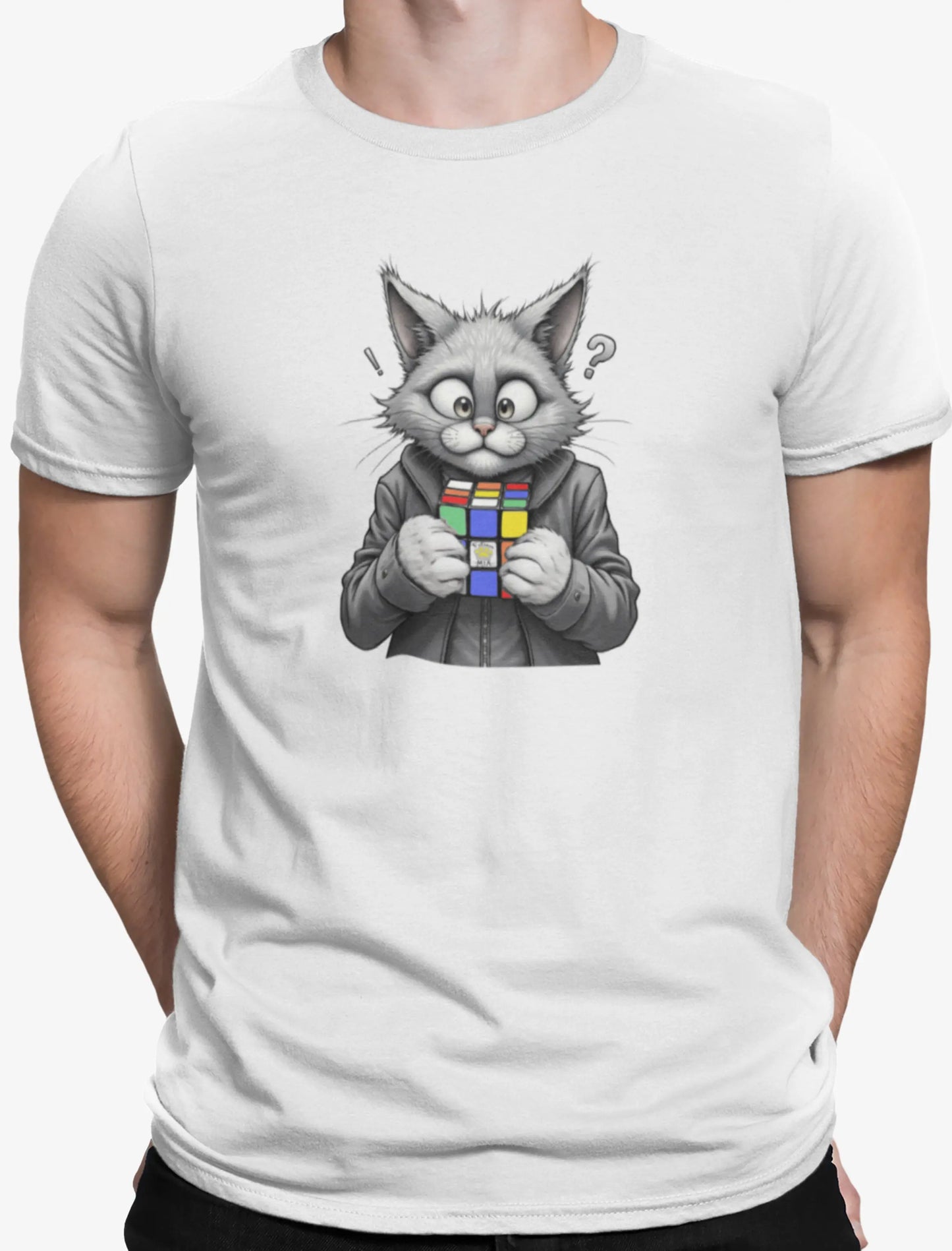 Close-up of Cubecat Funny Cat & Rubik’s Cube T-Shirt – monochrome cat design with colorful cube and question mark