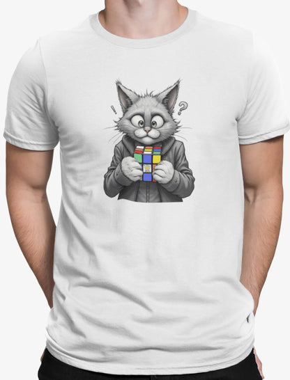 Close-up of Cubecat Funny Cat & Rubik’s Cube T-Shirt – monochrome cat design with colorful cube and question mark
