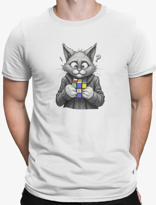 Close-up of Cubecat Funny Cat & Rubik’s Cube T-Shirt – monochrome cat design with colorful cube and question mark