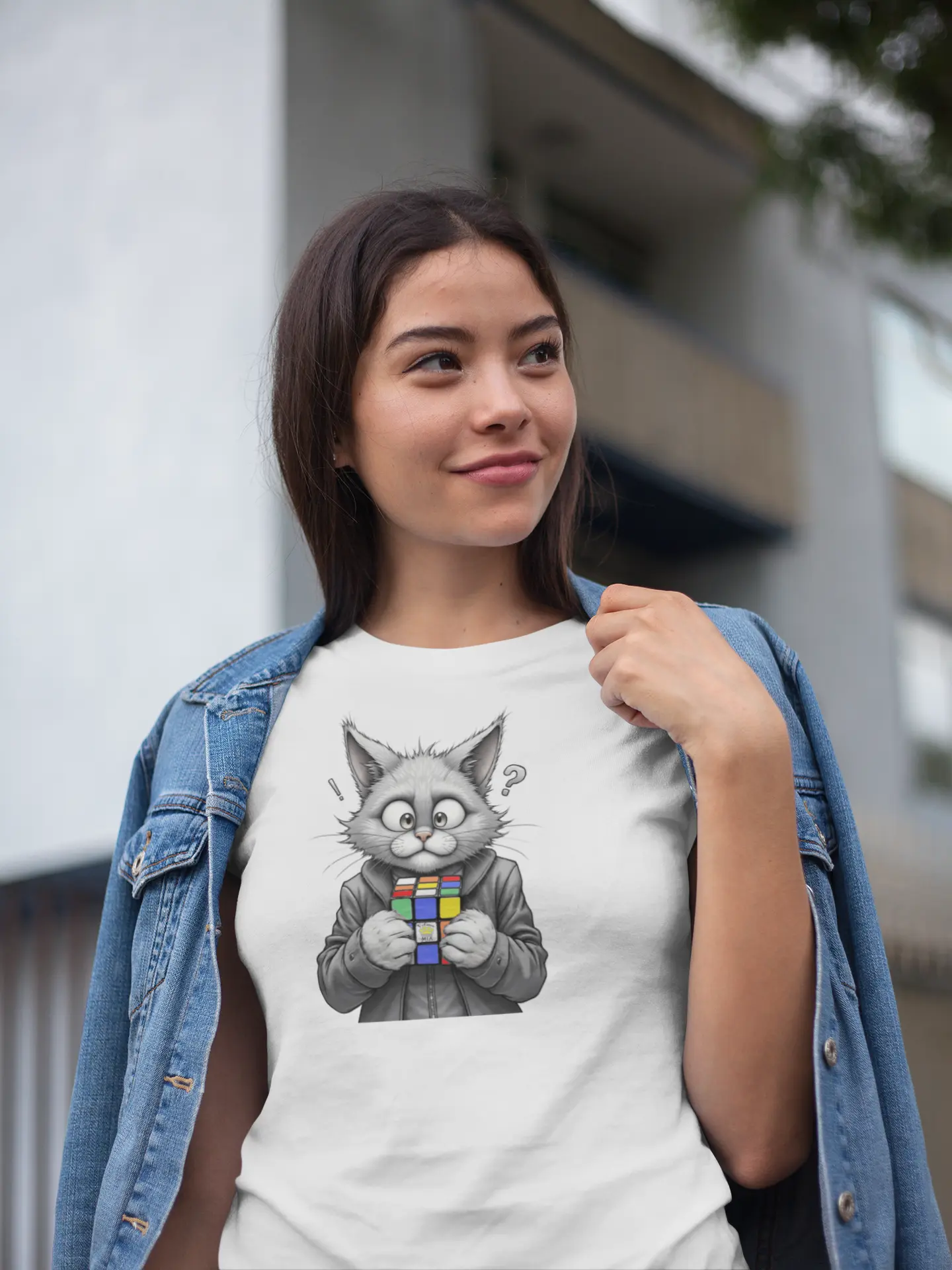 Model wearing Cubecat Funny Cat & Rubik’s Cube T-Shirt – unisex premium tee with curious cat staring at puzzle cube