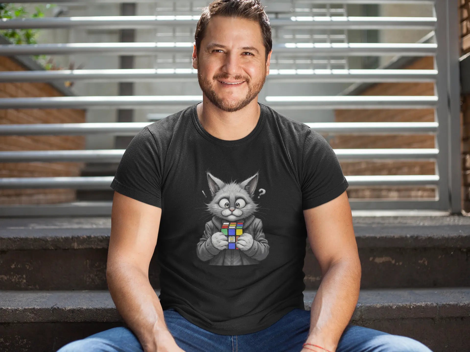 Casual look with Cubecat Funny Cat & Rubik’s Cube T-Shirt – witty unisex tee for puzzle fans and cat lovers.