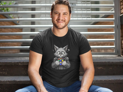 Casual look with Cubecat Funny Cat & Rubik’s Cube T-Shirt – witty unisex tee for puzzle fans and cat lovers.