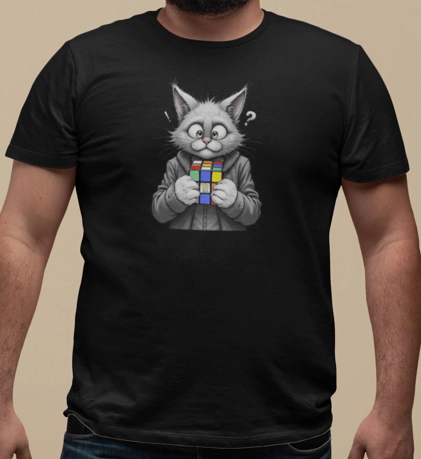 Close-up of Cubecat Funny Cat & Rubik’s Cube T-Shirt – monochrome cat design with colorful cube and question mark