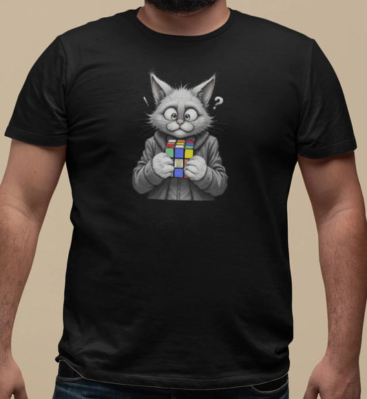 Close-up of Cubecat Funny Cat & Rubik’s Cube T-Shirt – monochrome cat design with colorful cube and question mark