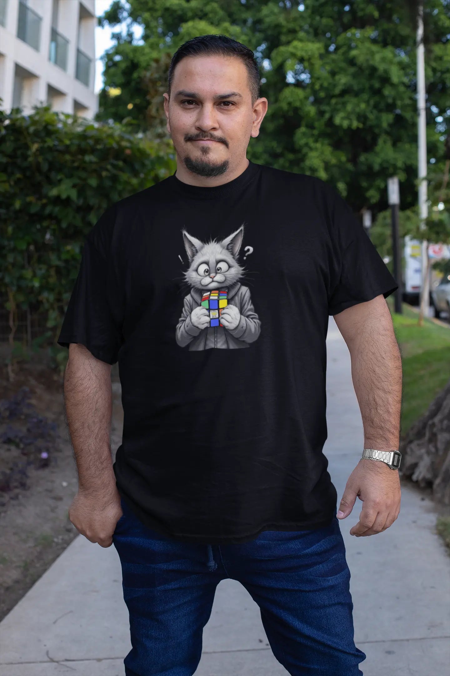 Model wearing Cubecat Funny Cat & Rubik’s Cube T-Shirt – unisex premium tee with curious cat staring at puzzle cube