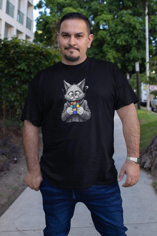 Model wearing Cubecat Funny Cat & Rubik’s Cube T-Shirt – unisex premium tee with curious cat staring at puzzle cube