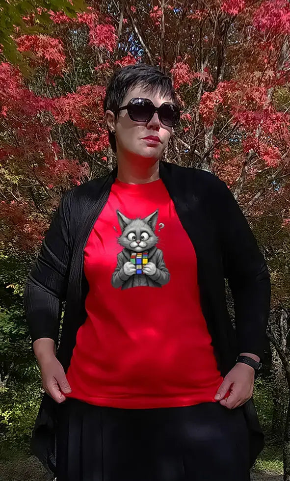 Casual look with Cubecat Funny Cat & Rubik’s Cube T-Shirt – witty unisex tee for puzzle fans and cat lovers.
