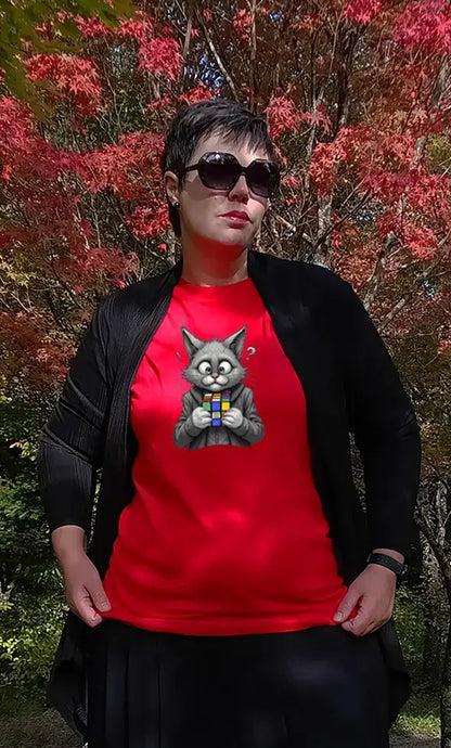 Casual look with Cubecat Funny Cat & Rubik’s Cube T-Shirt – witty unisex tee for puzzle fans and cat lovers.