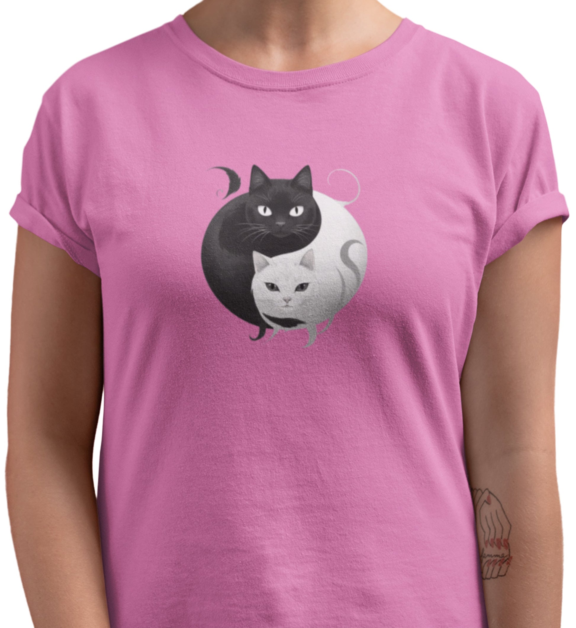 Close-up of Yin Yang Cat t-shirt print showing intertwined black and white cats in yin yang style