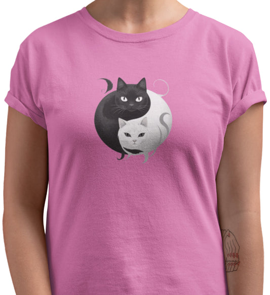 Close-up of Yin Yang Cat t-shirt print showing intertwined black and white cats in yin yang style