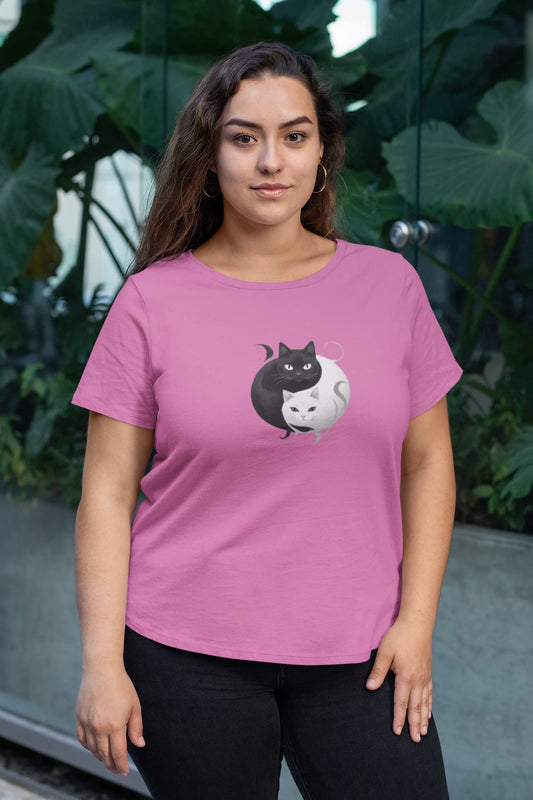 Mockup of Yin Yang Cat unisex premium t-shirt with black and white cats curled in yin yang design