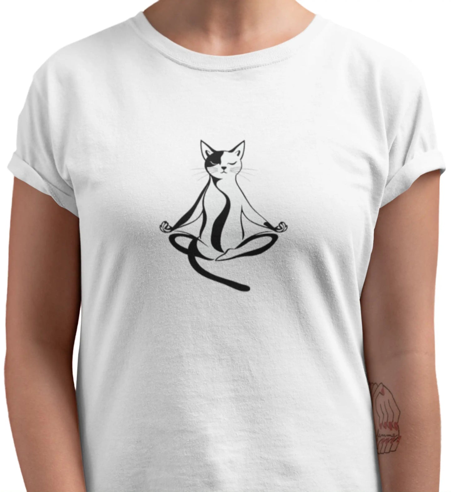 Close-up of Padmasana Yoga Cat t-shirt print showing elegant feline in Padmasana meditation pose