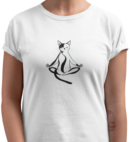 Close-up of Padmasana Yoga Cat t-shirt print showing elegant feline in Padmasana meditation pose