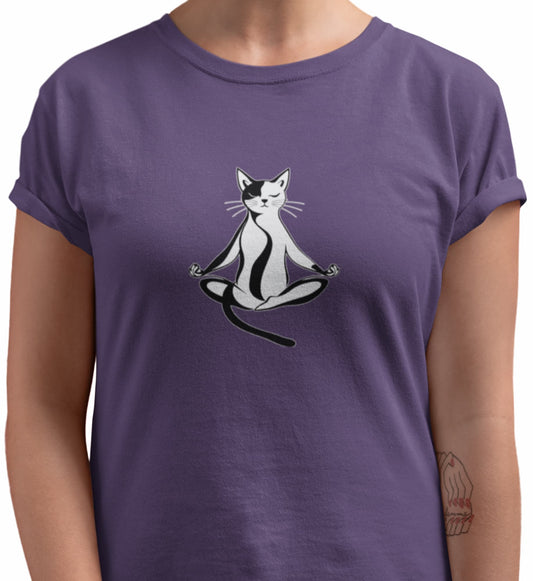 Close-up of Padmasana Yoga Cat t-shirt print showing elegant feline in Padmasana meditation pose