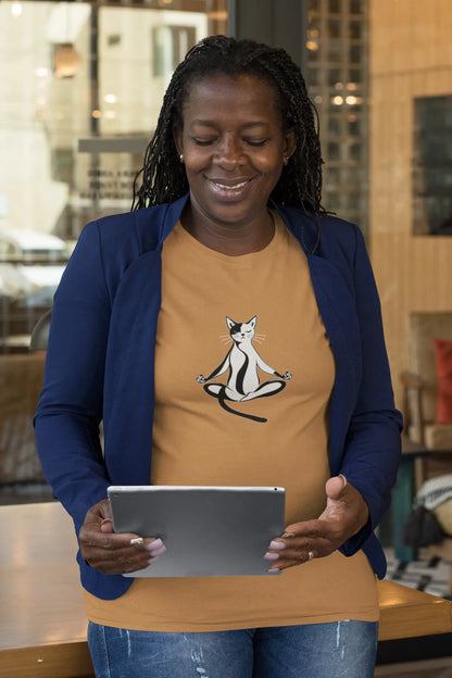 Model wearing Padmasana Yoga Cat t-shirt with minimalist yoga cat design in lotus position