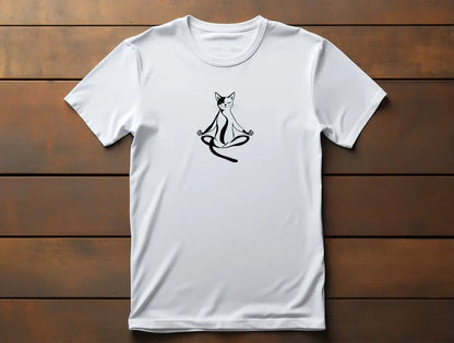 Flat lay of Padmasana Yoga Cat t-shirt featuring zen-inspired line art of a meditating cat