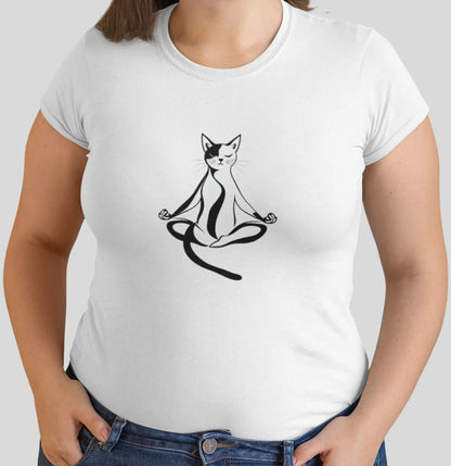 Close-up of Padmasana Yoga Cat t-shirt print showing elegant feline in Padmasana meditation pose