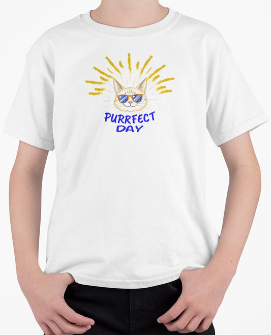 Close-up of Purrfect Day Cat T-Shirt – stylish feline with sunglasses framed by sunburst rays and text Purrfect Day