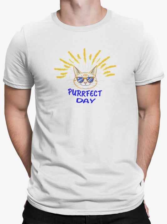 Close-up of Purrfect Day Cat T-Shirt – stylish feline with sunglasses framed by sunburst rays and text Purrfect Day