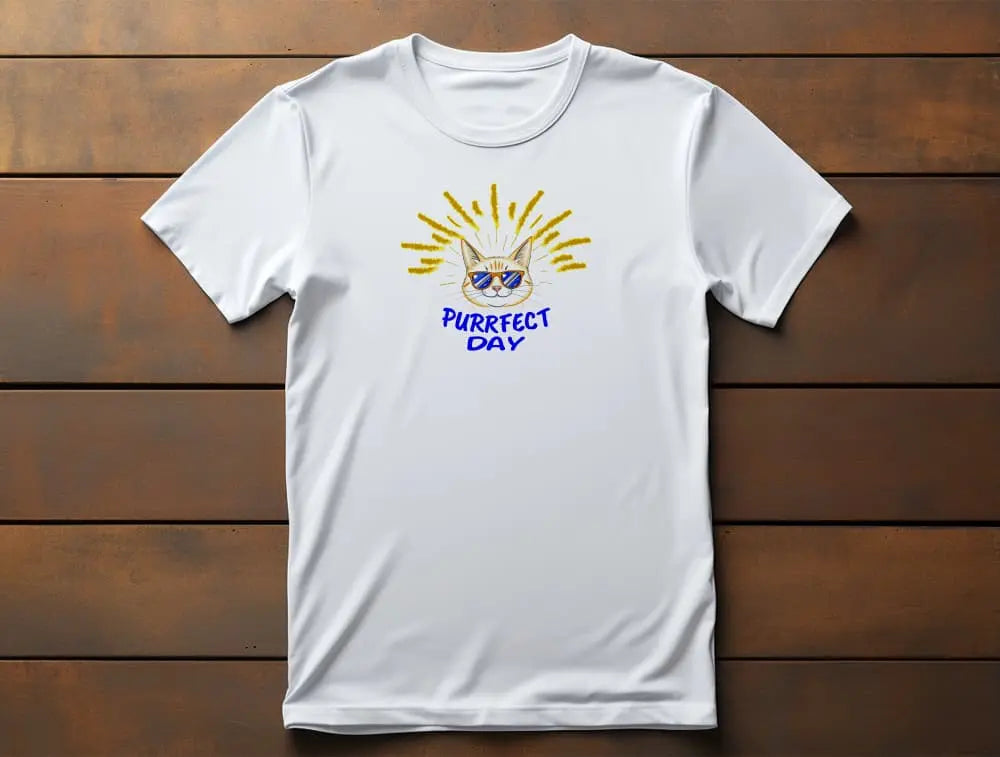 Purrfect Day Cat Lover T-Shirt – unisex premium tee featuring cat with sunglasses and sunburst lines
