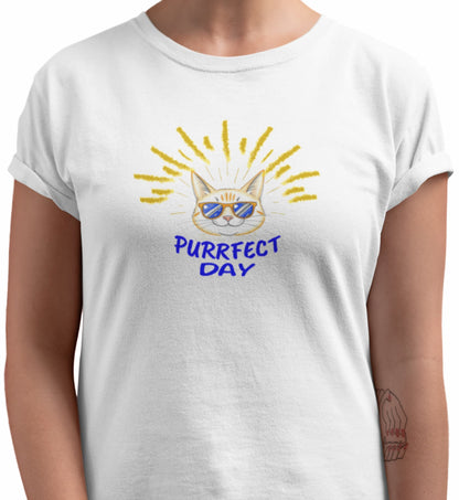 Close-up of Purrfect Day Cat T-Shirt – stylish feline with sunglasses framed by sunburst rays and text Purrfect Day