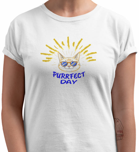 Close-up of Purrfect Day Cat T-Shirt – stylish feline with sunglasses framed by sunburst rays and text Purrfect Day