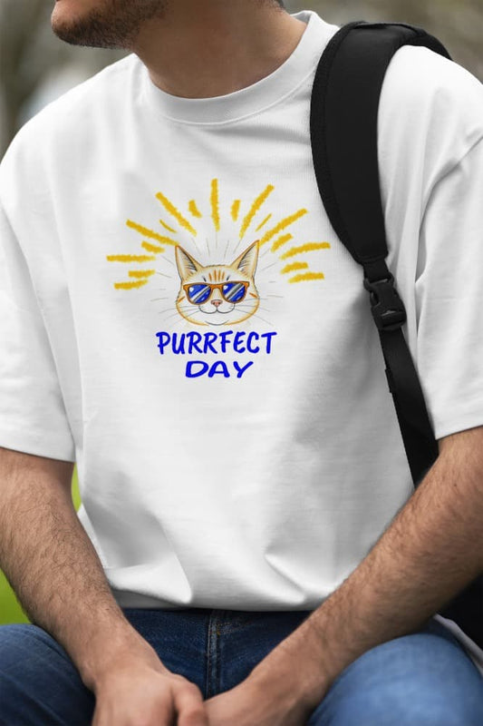 Model wearing Purrfect Day Funny Cat T-Shirt – unisex premium tee with cool cat in sunglasses design