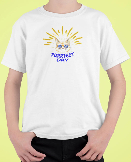 Close-up of Purrfect Day Cat T-Shirt – stylish feline with sunglasses framed by sunburst rays and text Purrfect Day