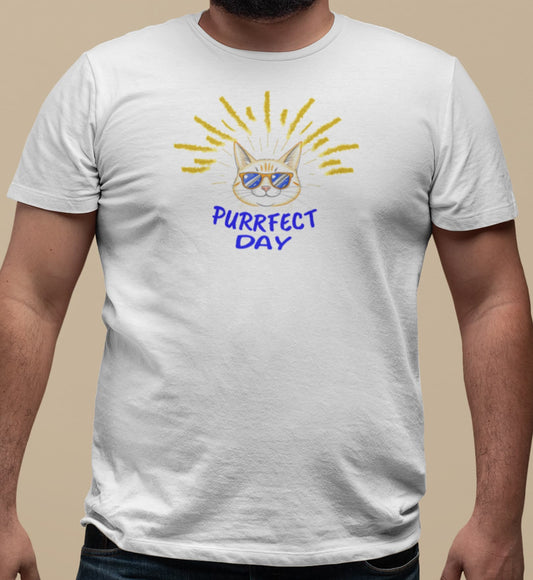 Close-up of Purrfect Day Cat T-Shirt – stylish feline with sunglasses framed by sunburst rays and text Purrfect Day