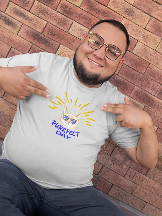 Model wearing Purrfect Day Funny Cat T-Shirt – unisex premium tee with cool cat in sunglasses design