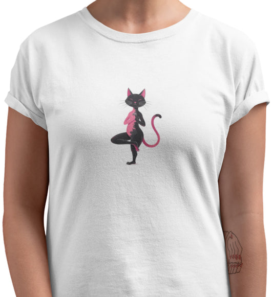 Close-up of Vrkasana Yoga Cat t-shirt print showing soft pink and bold black illustration of cat in tree pose