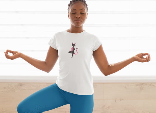 Mockup of Vrkasana Yoga Cat women’s classic t-shirt featuring elegant feline in tree pose yoga design