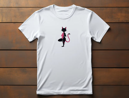 Flat lay of Vrkasana Yoga Cat t-shirt with artistic pink and black line art of a cat in Vrkasana pose