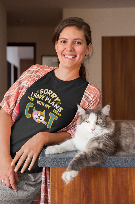 Model wearing Sorry I Have Plans With My Cat T-Shirt – unisex premium tee with funny cat lover design