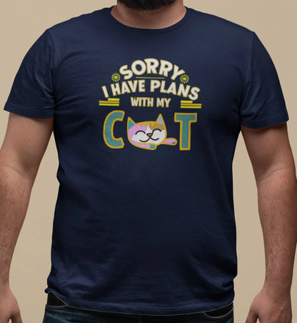 Close-up of Sorry I Have Plans With My Cat T-Shirt – cheerful cat illustration framed by funny phrase for feline fans