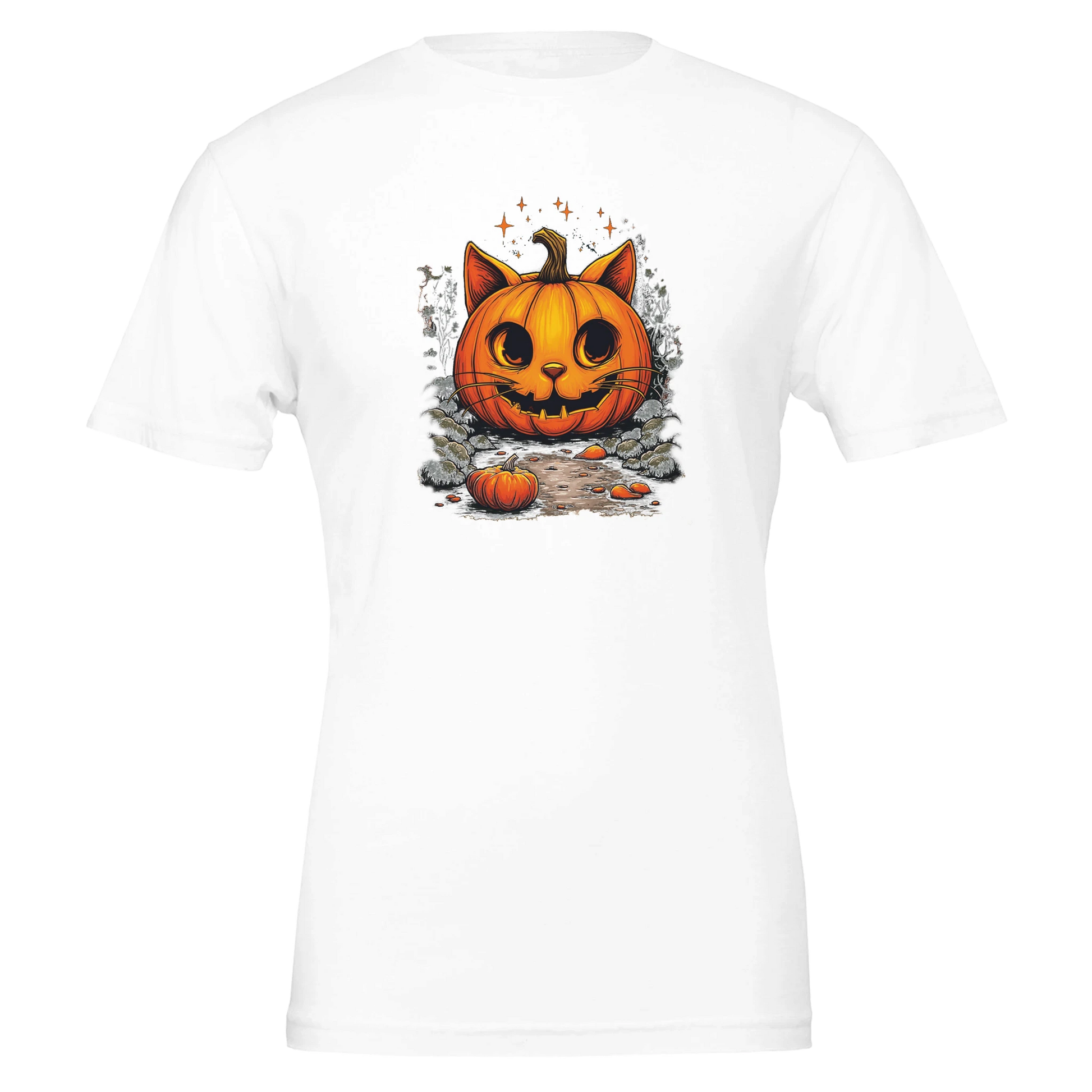 Flat lay of classic women’s Cat-O’-Lantern Kittycat t-shirt featuring pumpkin cat face with ears, whiskers, and cozy smile