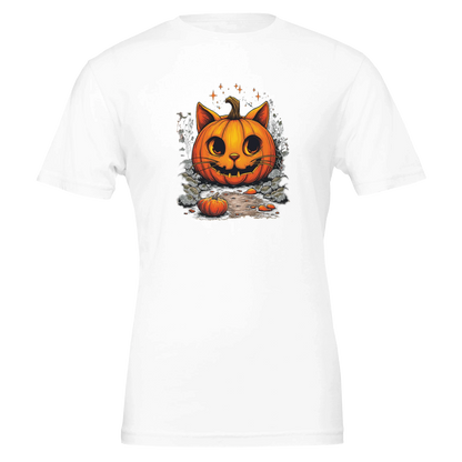 Flat lay of classic women’s Cat-O’-Lantern Kittycat t-shirt featuring pumpkin cat face with ears, whiskers, and cozy smile