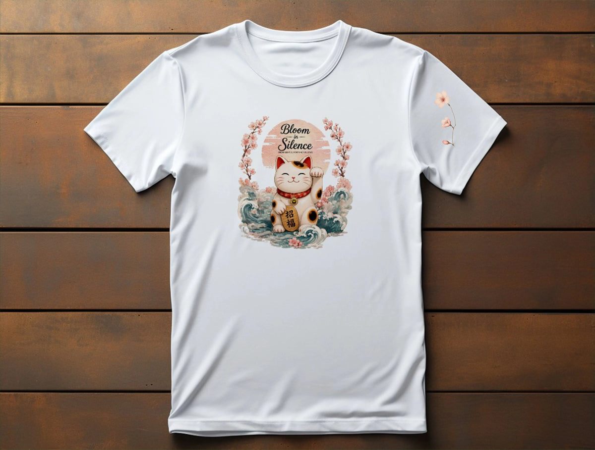 Bloom in Silence artwork showing a smiling Maneki Neko with sakura flowers, Japanese waves, and the phrase "Grow Gently, Fortune Follows."