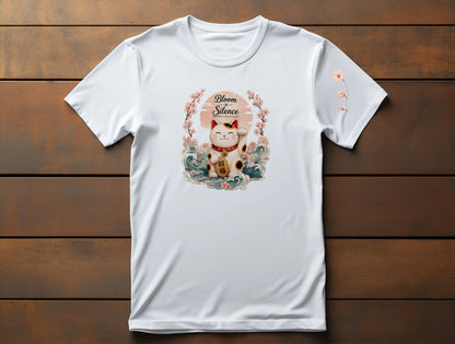 Bloom in Silence artwork showing a smiling Maneki Neko with sakura flowers, Japanese waves, and the phrase "Grow Gently, Fortune Follows."
