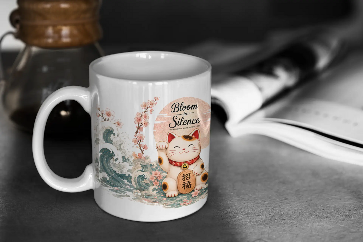 Bloom in Silence | Japanese Maneki Neko Cherry Blossom White Glossy Mug | Felinamia Felinamia