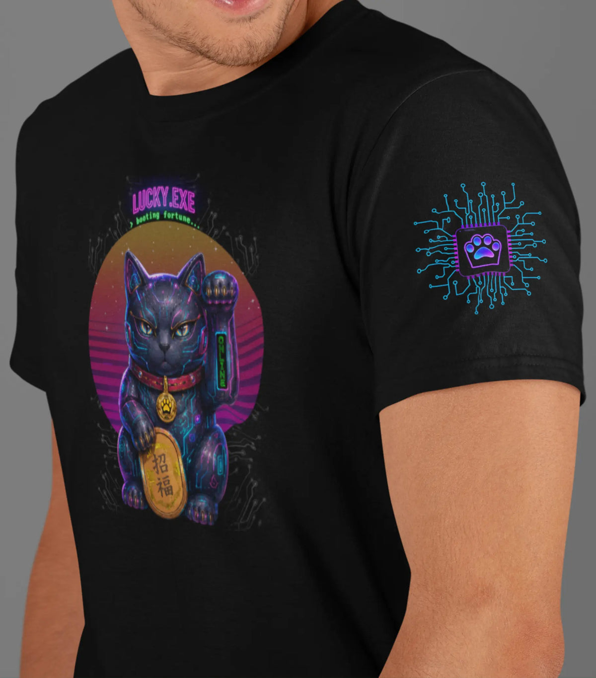 Maneki Lucky.exe | Futuristic Maneki Neko Cat T-shirt (Unisex) | Felinamia Felinamia