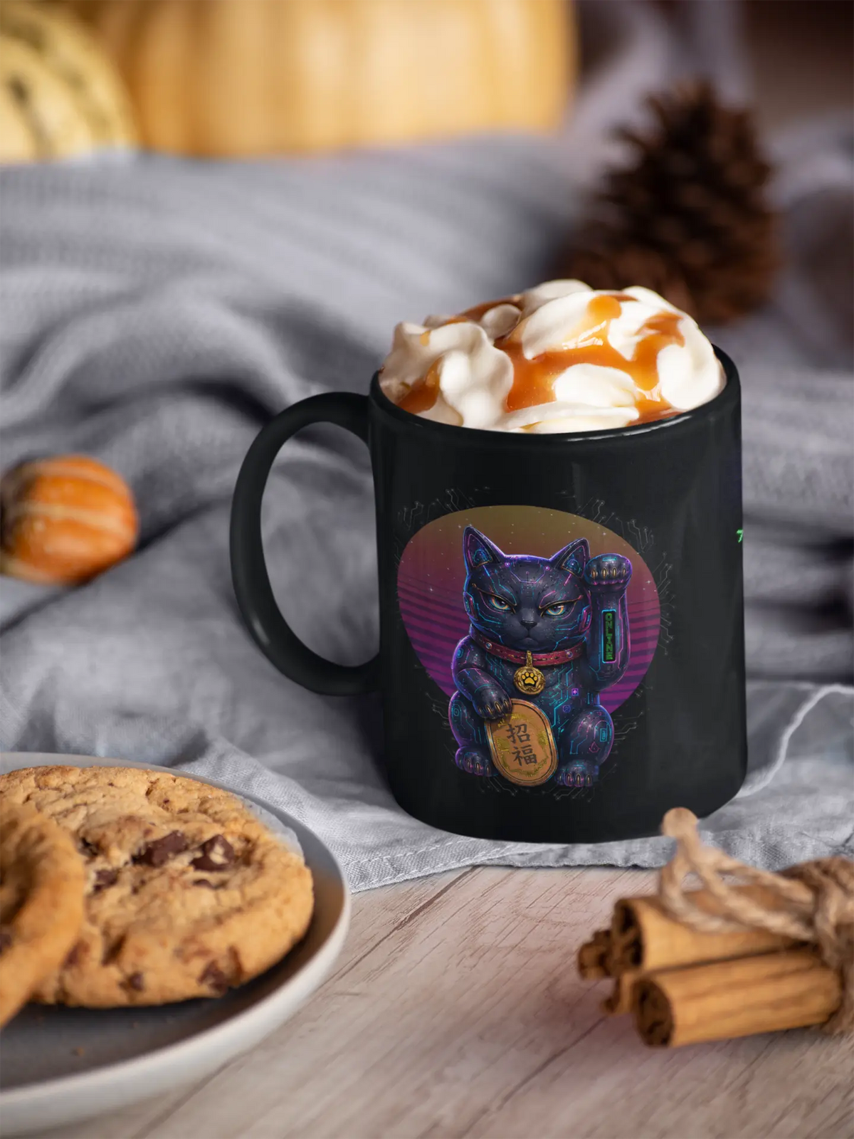 Maneki Lucky.exe | Futuristic Lucky Cat Black Glossy Mug | Felinamia Felinamia