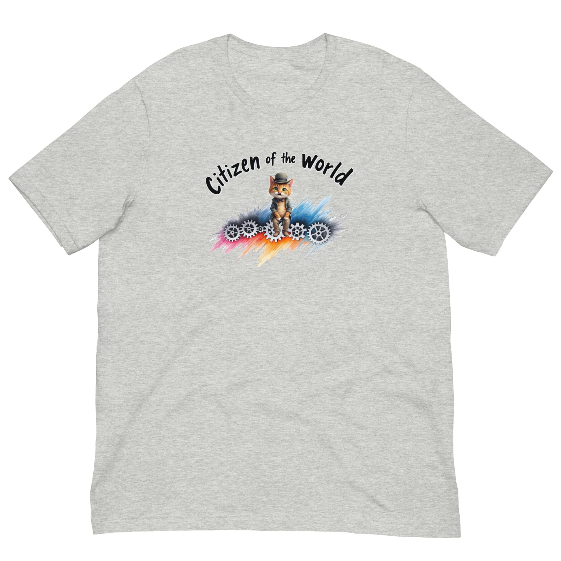 Gray t-shirt with a graphic of a cat in a cowboy hat and text 'Citizen of the World' on a white background