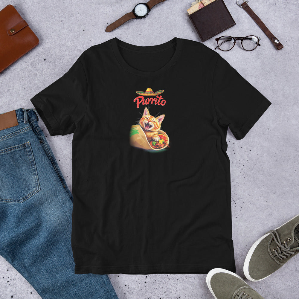 Close-up of Purrito Cat T-Shirt – funny cat burrito illustration with sombrero and spicy humor.